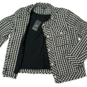 Adrianna Papell Black & White Crew Neck Long-Sleeve Tweed Blazer Size Small